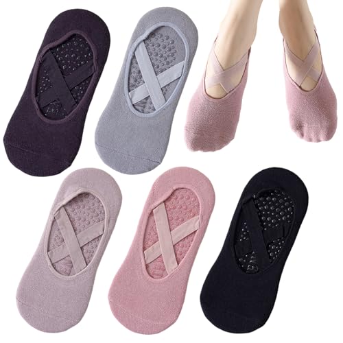 Shudyear 5 par halkfria yogamattor, greppstrumpor för kvinnor halkfria grepp och remmar, idealiska för pilates, barre, barfota träning, hemträning, flerfärgad, 37-40.5 EU