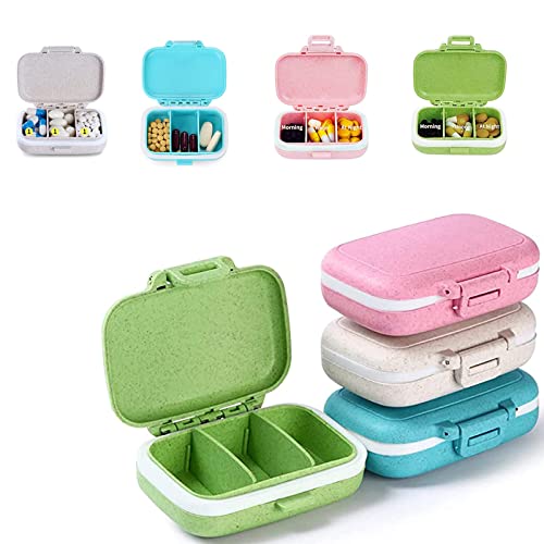 4 stuks pillendoos klein voor onderweg, 4 kleuren pillendoos, pillendoos, 3 vakken, kleine tablettenbox, vitaminen, medicijnen, tablet-organizer, tablettdoos voor onderweg, reizen
