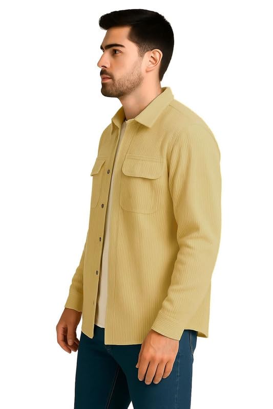 Image of DEELMO Men's Full Sleeve Corduroy Shirt | Stylish Textured Casual Button-Down Shacket for Autumn Winter | Dual Pocket Front Design | Ideal for Layering and Daily Outfits