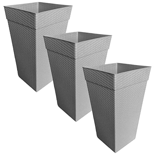 3 Vasos Kit Plantas Rattan Quadrado Grande 28 Litros Cinza