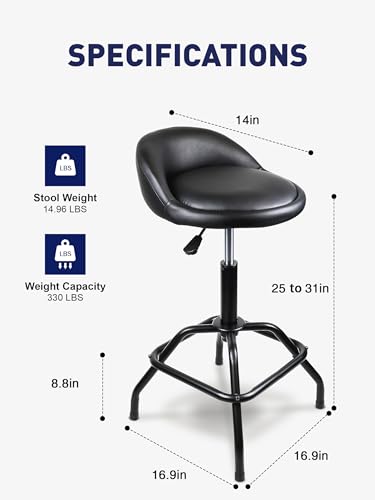 Image of Garage Shop Stool, Height Adjustable Work Stool, Swivel Bar Stool (Black) | Counter Height Barstool for Garage, Shop, Kitchen, Bar | 25-31'' Height, Foam-Padded 360 Swivel Seat, 330lbs Weight Capacity