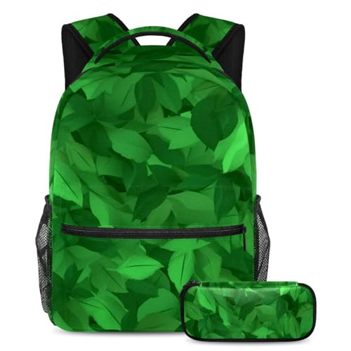 Sac à dos étudiant feuilles vertes multicolore avec sa trousse assortie