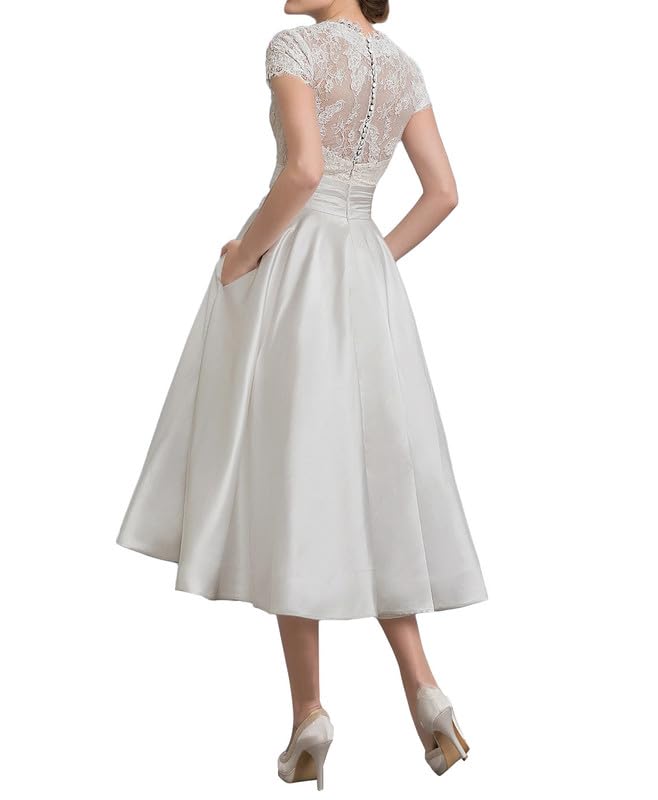 JAEDEN Vintage Satin Brautkleid Damen Spitze Standesamtliche Hochzeitskleid V-Ausschnitt Wadenlang