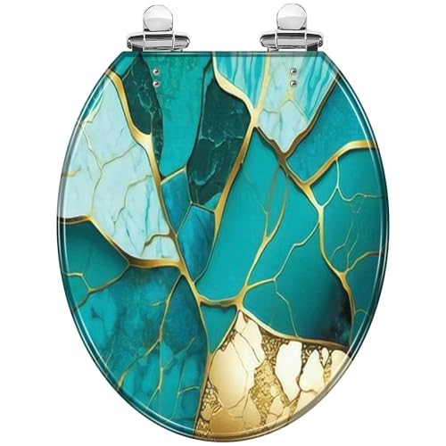 Round Toilet Seat Turquoise stone 3d abstract marbled golden inlay veins lines Marble Resin Toilet Seat with Quietly Close Quick Release Hinges Decorative Toilet Seat with Cover Easy to Install