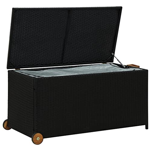 Generic Aufbewahrungsbox für Garten und Terrasse, 120 X 65 X 61 cm, Polyrattan, Viel Platz für Kissen, Kissen, Decken, Spielzeug, Einfacher Transport mit 2 Rädern und Griff, Langlebig, (Schwarz)