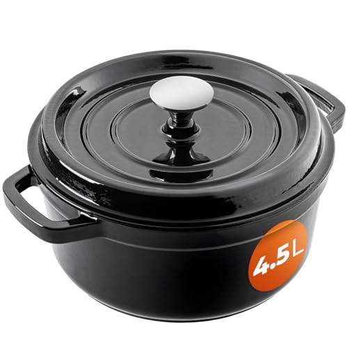 KADAX Gusseisentopf 4,5 Liter, Ø 23 cm, Schmortopf aus emailliertem Gusseisen, Rund Topf mit Deckel, Bräter zum Schmoren, Braten, Kochen & Backen, Bratentopf (Schwarz)