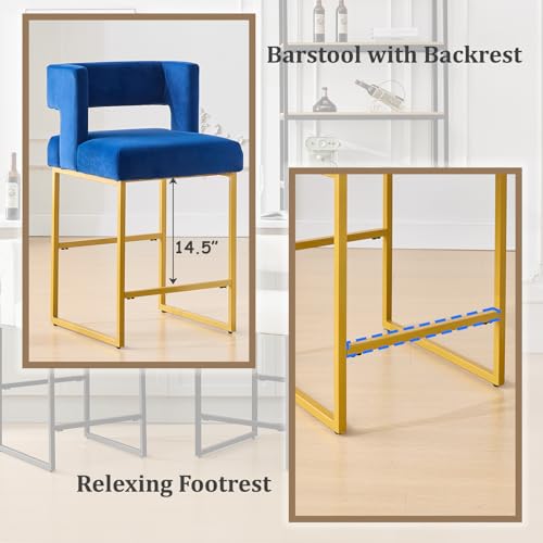 Image of 26 inch H Velvet Bar Stools Set of 6, Counter Height Bar Seats with Square Back, Modern Upholstered Armless Barstools with Metal Gold Legs for Kitchen Island Dining Room Bar, Blue