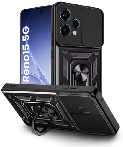Image of WOW IMAGINE Tough Armor Bumper Mobile Back Case for Oppo Reno 15 5G | Sliding Camera Cover | Shock Proof 360 Protection | Hybrid PC + TPU | Ring Holder with Kickstand - Black
