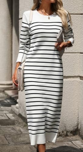 Women's Striped Sweater Dress Long Sleeve Crew Neck Jumper Pullover Dress Casual Knit Sweaters Maxi Dresses3