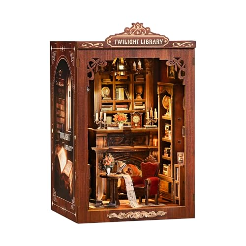 Havefunfun Twilight Library Book Nook Kit - DIY Miniature Dollhouse with LED Warm Light, 3D Wooden Puzzle Bookends, Immersive Miniature, Stress Relief Craft Gift for Adults Teens, Aesthetic Home Decor