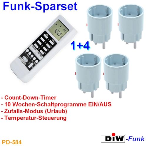 DIW-Funk Kit PD-584 : 4 prises radio DIR-2300 + émetteur portatif sans fil avec minuterie DTZ-505 Minuterie 10 programmes hebdomadaires Mode aléatoire Contrôle de la température Compte à rebours – vue 2
