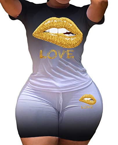 WOKANSE Women's 2 Piece Shorts Set - Casual Outfits Lips Print Crewneck Short Sleeve T-Shirt Tops + Bodycon Shorts Tracksuit Black L