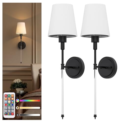 Image of DORESshop Battery Operated Wall Sconce Set of 2, Wall Light Wireless Easy to Install, Dimmable and Adjustable Sconce Wall Decor, Rechargeable Wall Lamp for Bedroom, Living Room, Black and Glass 24.6in