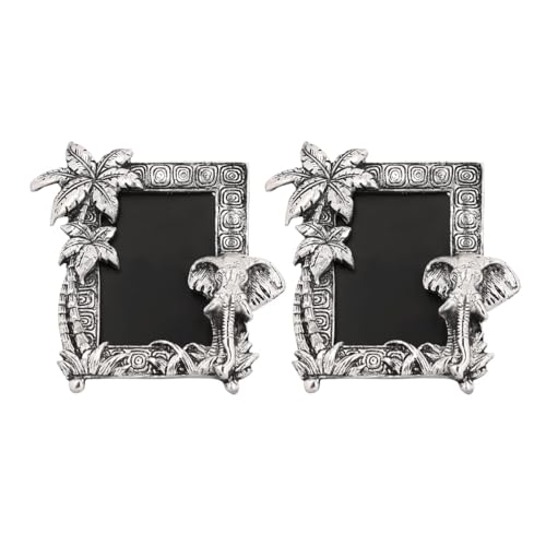 Image of LABHCART Decorative Elephant Palm Tree Photo Frame, Silver Antique Finish, 12 x 10 cm, Pack of 2