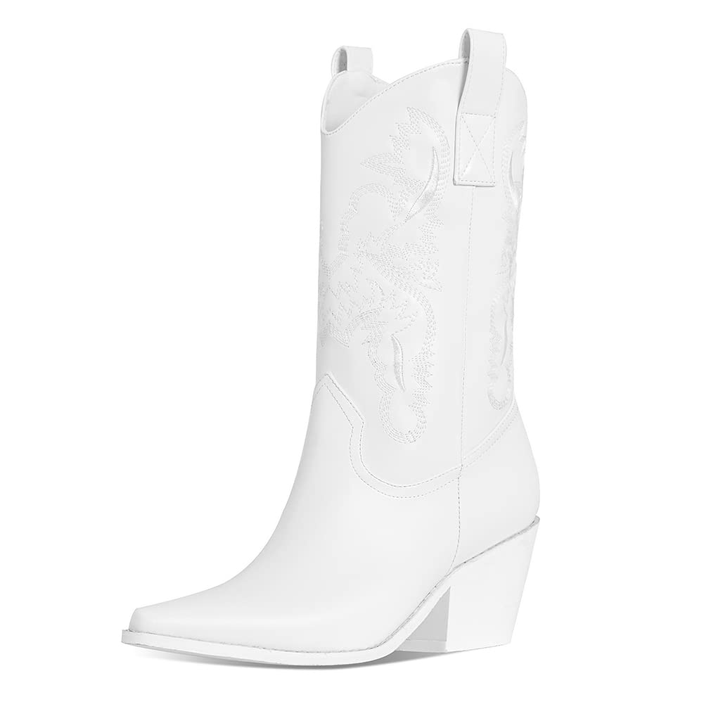 MeiLuSi Women's Cowboy Cowgirl Boots Embroidered Cowboy Short Ankle Boots Chunky Heel Western Boots Pull on