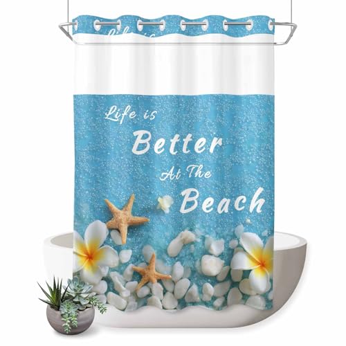 No Hook Sky Blue Coastal Beach Shower Curtain with See