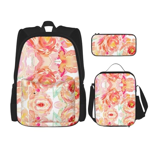 Peach Peony Print 3 Piece Set Backpack, Lunch Bag, Pencil Case, Cute Sturdy For College And Travel