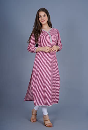 Image of YUVVIK Women's Cotton Lehariya Print Straight Kurti | Stylish Long Ethnic Kurta for Daily Pure Cotton Calf-Length Kurta for Women & Girls