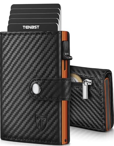 TENBST Geldbörse Herren mit Münzfach & RFID Schutz, Slim Wallet Kartenetui Klein, Portmonee Geldbeutel Herren, 10 Fächer für Kreditkarten Kreditkartenetui - Schwarz & Orange