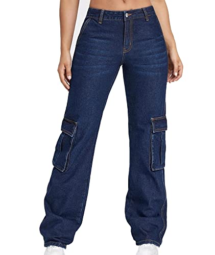 SOMTHRON Women's High Waist Straight Leg Jeans Flap Pocket Wide Leg Relaxed Fit Long Denim Pants Trousers