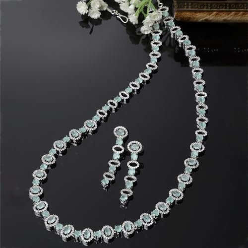 Rhodium-Plated American Diamond Long Necklace Earrings Set