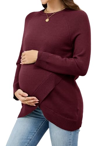 OUGES Womens 2025 Fall Maternity Sweater Shirts Long Sleeve Crewneck Crossover Ribbed Hem Plus Size Pregnant Top Blouse Wool Blend Winter Christmas Casual Pregnancy Must Haves Clothes (Red,XL)