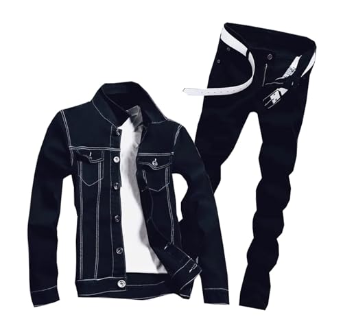 Mens Spring Denim Two Piece Set Vintage Long Sleeve Hole Ripped Slim Fit Jacket Jeans Suit Cargo Sets