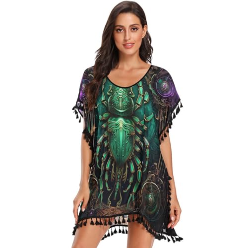 Green Emerald Abstract Women's Beach Cover Up Chiffon Tassel Swimwear Swimsuit Coverups for Girl