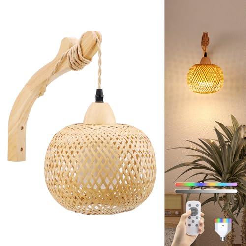 Image of NIORSUN Boho Wall Sconce, Wireless Rechargeable Battery Powered with Vintage Woven Design for Bedroom, Living Room, Dimmable LED with 3 CCT and 6 RGB Solid Color, Timer, Easy Install