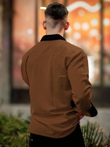 Image of Maniac Mens Solid Collared Neck Full Sleeve Biscuit and Black Cotton Shirt