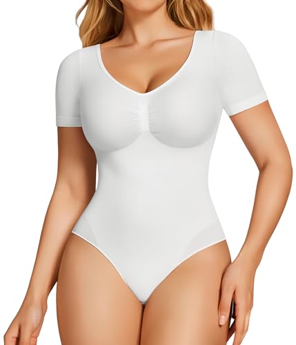 BRABIC Short Sleeve White Bodysuit Shapewear for Women Tummy Control V Neck Backless Seamless Body Shaper(White Large)
