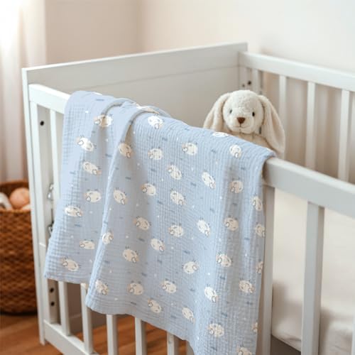 Image of SANDJEST Little Sheep Minky Muslin & Dotted Blanket 30x40 in Gift for Holiday, Gender Reveal Party, Hospital Visit, Baptism
