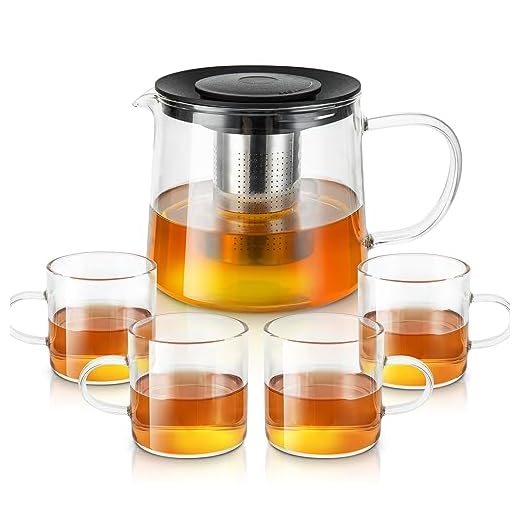 Glass Teapot 34oz/1000ml with 4 Pack Tea Cups Gift Set, Removable Stainless Steel Infuser Tea pot, Heatproof Borosilicate Glass Tea Make, Stovetop Safe Glass Tea Kettle for Loose