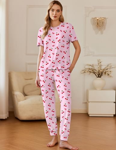 Image of Ekouaer Pajamas for Women Set 2 Pack Lounge Set Short Sleeve Pjs Joggers Long Pants Loungepwear with Pockets