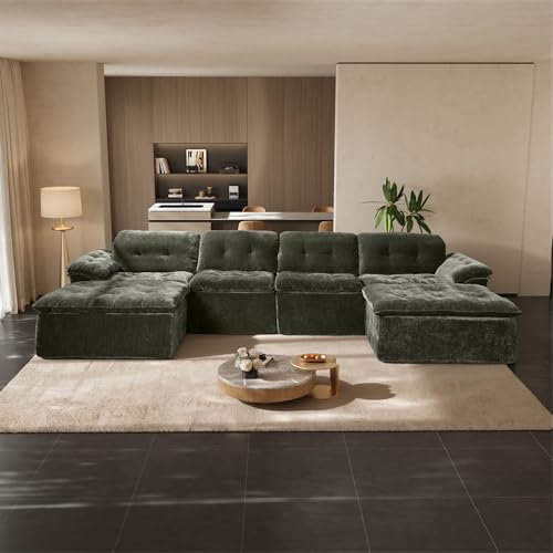 Image of 157 inch Oversized U Shaped Sectional Cloud Couch, Large Modern Cloud Sectional Couch with Ottoman, Chenille 6 Seat Sofa Set, Modular Sectional Sofa for Living Room, No Assembly Required, Green