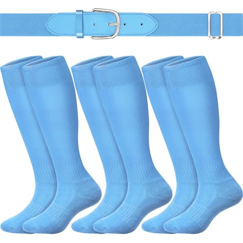 3 Pairs Baseball Socks Softball Belts Set Adjustable Elastic Belt Athletic Sock Moisture-Wicking for Boys Girl