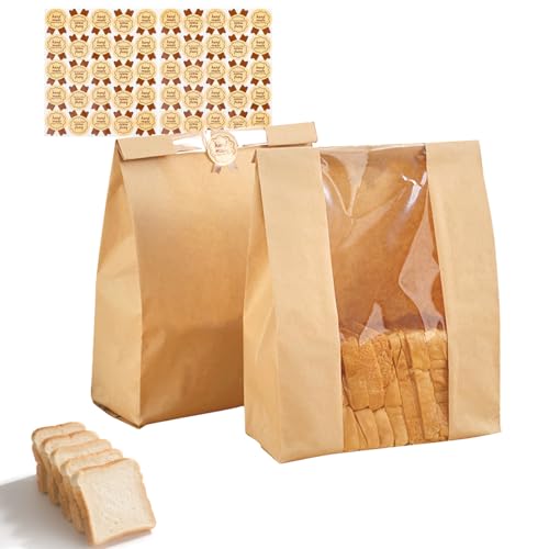 Hniuyun 50 Pcs Kraft Paper Bread Bags with Window for Homemade Sourdough Cookies & Snacks - Bakery Storage (35x21x9cm) Includes 50 Stickers