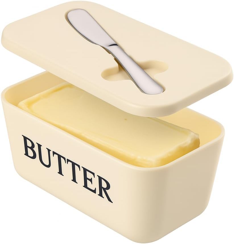 Image of Kyraton Large Plastic Butter Dish with Lid and Knife, Food Grade PP Butter Holder Keeper with Cover for Kitchen Refrigerator Butter Container (White)