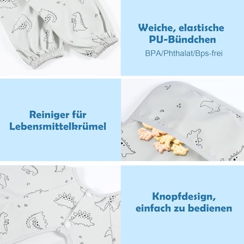 URMYWO Lätzchen mit Ärmeln Baby Mess Proof - Maschine Waschbar & Wasserdicht 6-24 Monate für Baby Led Weaning, Lätzchen zum Stillen, für Babys (Kleiner Dinosaurier)