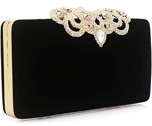 Dexmay Velvet Clutch With Rhinestone Crystal Crown Clasp Evening Bag For Formal Party Black Medium #TOP2