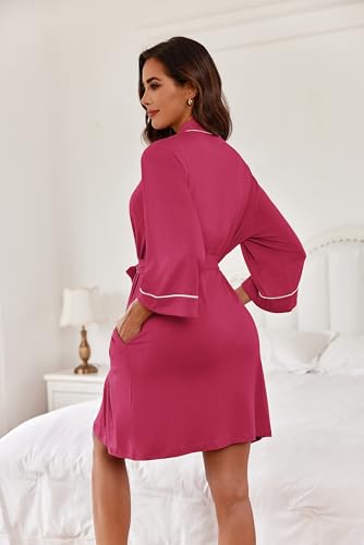 Image of Ekouaer Women Kimono Robes Knee Length Knit Bathrobe Lightweight Soft Sleepwear V-neck Casual Ladies Loungewear
