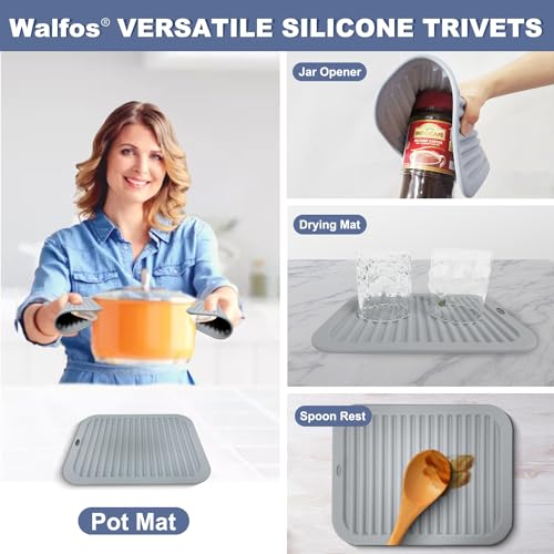 Image of Walfos Silicone Trivets for Hot Pots and Pans - Heat Resistant Hot Pads for Kitchen Counter- 4 Pcs Multi-Purpose & Versatile Trivet Mat - Long-Lasting & Flexible Silicone Hot Pad（Gray）