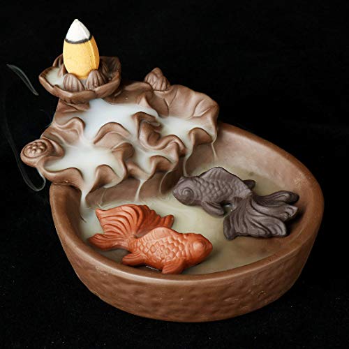 Ceramic Backflow Incense Burner Waterfall Fountain Incense Burner Incense Cone Holder Lotus Pond Incense Holder With 10 Pcs Incense Cones(Brown) (Fish) #TOP3