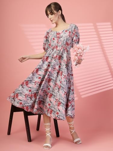 Image of OOMPH! Below Knee Shift Pink Dress in Crepe Fabric with Round Neck and Puff Sleeves - md619l