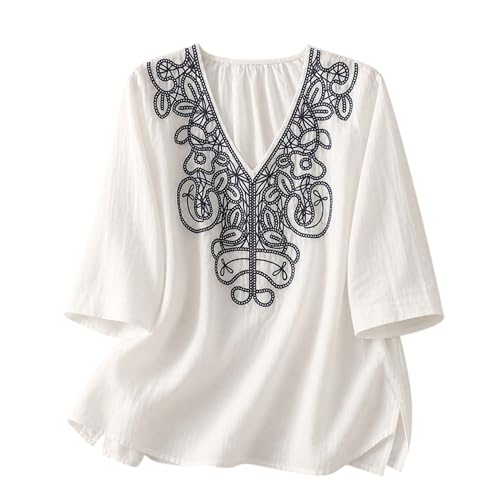Image of RIEKA Womens Tunic Top with Floral Embroidery V Neck 3 /4 Sleeve Relaxed Fit Casual Ethnic Fusion Top Lightweight Sheer Fabric Everyday Wear for Women
