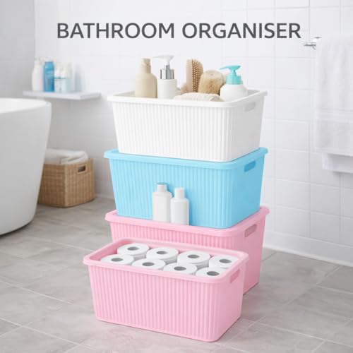 Image of Plastic Storage Box with Lid - Large Stackable Organizer Storage Box for Clothes, Toys, Kitchen - Big Size Plastic Storage Container Basket for Home, Office, Bathroom(Large,3pcs,MultiColor)