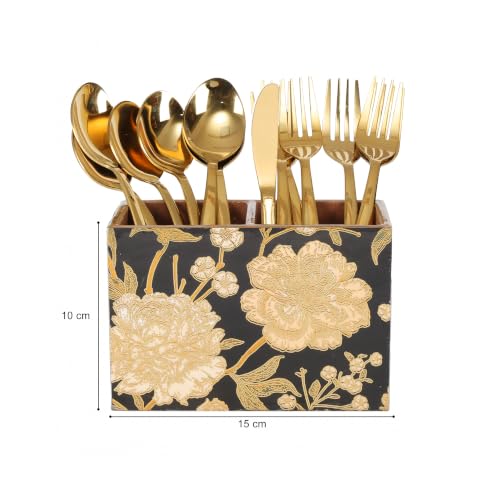 Image of Wooden Spoon Holder for Dining Table | 2-Section Cutlery Storage Box | Kitchen Utensil Organizer with Elegant Gold black Pattern | Multipurpose Tabletop Stand | 10 x 16 x 12 cm (Black Design)