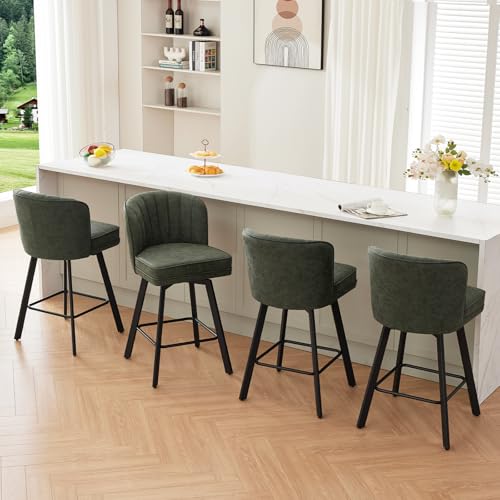 SAECKBERG Swivel Counter Height Bar Stools Set of 4, 26'' Modern Barstools with Backs and Metal Legs, Upholstered Bar Chairs, Faux Leather Green Stools for Kitchen Island Chairs
