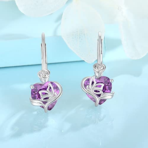 Fj Heart Rose Butterfly Birthstone Drop Earrings, Sterling Silver Heart Dangle Earrings February Amethyst Birth Stone Gemstone Dainty Jewelry, Mothers Day Graduation Birthday Christmas Anniversary Love Gifts For Women Girls Her #TOP1