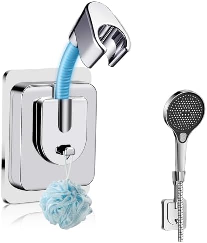Shower Head Holder Adhesive, No-Drill Adjustable Handheld Shower Head Holder Wall Mount, Chrome Shower Wand Holder Waterproof & Universal Fit for Home, RV & Rental Bathrooms